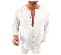 Camisa de hombre Algodón Lino Camisa de manga larga casual de moda con tela de doble capa Superficie texturizada para hombre elegante, Blanco, S