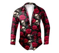 Camisa de hombre casual de moda con impresión extravagante para Halloween clásica retro hawaiana verano Slim Fit trabajo ligera transparente elegante vintage Tops Streetwear para el tiempo libre, rojo