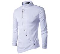 Camisa de hombre con botones asimétricos bordados casual de moda de manga larga universidad clásica de algodón con solapa traje de ocio básico negocios al aire libre simple camiseta, Color blanco