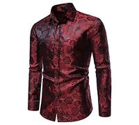 Camisa de hombre con estampado floral de los años 70 con lentejuelas, ajuste cómodo, disfraz de discoteca sin planchado, moda formal informal, trabajo, Streetwear Clubwear Y2k Fiesta T-Shirt, Vino, S