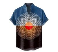 Camisa de Hombre con Estampado Retro Pop Art de los 80, Estampado geométrico Llamativo en Rojo Azul y Negro con Rayos y Corazones Camisa Informal de Manga Corta con Botones para Fiesta