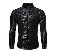 Camisa de hombre con lentejuelas brillantes, camisa metálica de manga larga, Slim Fit, para fiesta, disco, años 70, baile latino, jazz, ropa, top, 01 negro, L