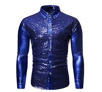 Camisa de hombre con lentejuelas brillantes, camisa metálica de manga larga, Slim Fit, para fiesta, disco, años 70, baile latino, jazz, ropa, top, 01 azul., M