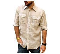Camisa de hombre de algodón y lino, camisa informal transpirable, chaqueta de camisa con bolsillo en el pecho, camisa de manga larga para hombre, camisa de popelín, cuello vuelto, camisa polo de