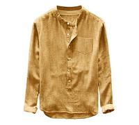 Camisa de hombre de algodón y lino de ajuste normal clásico chino Kung Fu Tai Chi Wushu de manga larga Trajes Transpirable Cómodo Hawaiana Top Cuello Alto para El Tiempo Libre, amarillo, 3XL