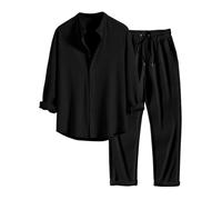 Camisa de hombre de manga larga de 2 piezas - Conjunto deportivo casual de color sólido suelto clásicos cómodos pantalones y blusa suave simple pasparque básico para otoño, Negro , M