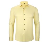 Camisa de hombre de manga larga elástica antiarrugas sin planchado simple delgada Slim Fit ligera suave Stretch Business elegante cómoda casual transpirable para el ocio, amarillo, XL