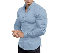 Camisa de hombre de manga larga elástica para hombre, ajuste muscular, atlética, ajustada, manga larga, elástica, informal, con botones, azul oscuro, XXL