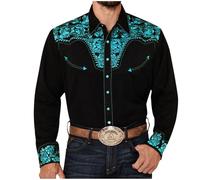 Camisa de hombre de manga larga estilo occidental, camisa de hombre de gran tamaño, slim fit estampado de flores de alta saturación de contraste estilo vaquero retro para fiesta temática Western
