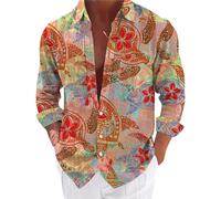 Camisa de Hombre Manga Larga Camisa Hawaiana Hombre Camisa de Ocio de Tortugas Estilo Tropical Camisa Impresa Botón-Down Camisa de Verano Casual Camisa de Hombre, naranja, M