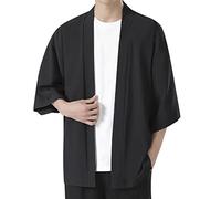 Camisa de hombre neón para hombre, kimono sólido, media manga, elegante, hombros descubiertos, cárdigan suelto, suave, camisa, camisa de fiesta para hombre, Negro , L