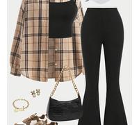 Camisa de larga a cuadros Khaki Vika DP010599, top corto de camisola negra, conjunto de 3 piezas de pantalones acampanados