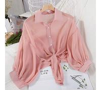 Camisa De Las Señoras - Moda Verano Señoras Medio Puño Botón Camisa Camisa Suelta Camisa Casual Retro Gasa Camisa De Gasa Mujeres Corbata Cintura Elegante Blusa Simple Coral Rojo Al Aire Libre F