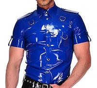 Camisa De Látex Con Botones En El Frente, Cuello Doblado, Mangas Cortas, Anillos En D, Ropa Superior De Goma,Verde Oliva,S