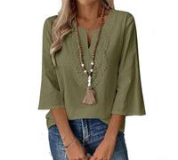 Camisa de lino bohemia para mujer, manga larga, cuello en V, blusa suelta, elegante, para ocio, oficina, playa, vacaciones, verano, ropa informal, ligera, transpirable, color blanco (verde ejército)