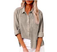 Camisa de lino con botones para mujer, elegante, casual, cuello y manga larga, holgada, para verano, color liso, para el trabajo, 3XL