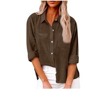 Camisa de lino con botones para mujer, elegante, casual, cuello y manga larga, holgada, para verano, color liso, para el trabajo, XXL