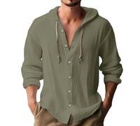 Camisa de lino con capucha para hombre, con solapa de botones, informal, para verano, playa, ajuste regular, mezcla de algodón, manga larga, ligera, para uso al aire libre, para viajes, aspecto diario