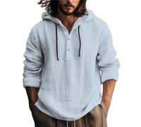Camisa de Lino con Capucha para Hombre | Manga Larga con Cordón | Camisa de Verano para Playa con Ajuste Regular y Botones