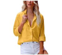 Camisa de lino con cuello en V, blusas de manga larga con bolsillo, blusas de algodón de color liso, blusa de verano cómoda para mujer, amarillo, L