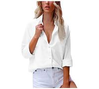 Camisa de lino con cuello en V, blusas de manga larga con bolsillo, blusas de algodón de color liso, blusa de verano cómoda para mujer, blanco, M