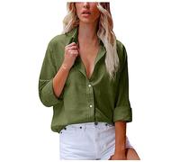 Camisa de lino con cuello en V, blusas de manga larga con bolsillo, blusas de algodón de color liso, blusa de verano cómoda para mujer, verde caqui, S