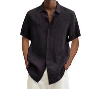 Camisa de lino de algodón para hombre Henley Shirts con botones de verano Casual Manga Corta Playa Hippie Shirts Camisa Manga Corta Hombre Elegante Blanco Verano Negro Minimalista, Negro-5, XXXL