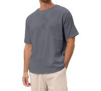 Camisa de lino de color liso para hombre, manga corta, cuello redondo, camiseta de playa para hombre, manga delgada, gris, XL