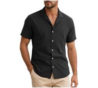Camisa de lino de hombre casual camisa manga corta camiseta cuello en v hombres camisa con botones de corte ajustado camisas casuales de verano de lino de playa, A-le negro, XXL
