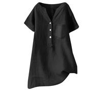 Camisa de lino de manga corta para mujer, camiseta de algodón con cuello en V, manga corta, camiseta cómoda, top abierta, con botón alto abierto, camisa de color sólido, camiseta transpirable, Negro