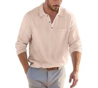 Camisa de lino de manga larga botón bajo corte regular casual camisa de playa regular ajuste camiseta de verano con bolsillo de negocios casual color sólido camisetas de playa, beige, S
