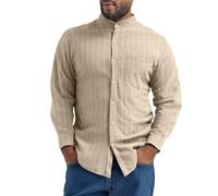 Camisa de lino de manga larga para hombre, con botones, corte regular, a rayas, para el tiempo libre, verano, playa, lino, ajustada, negocios, informal, vacaciones, verano, playa, con bolsillo, caqui