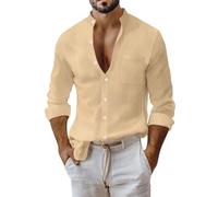 Camisa de lino de manga larga para hombre, de algodón, de lino, de corte regular, para la playa, de verano, con botones, camiseta de manga larga, ropa deportiva, caqui, L