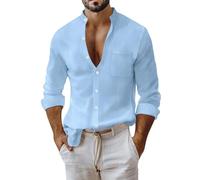 Camisa de lino de manga larga para hombre, de algodón, de lino, de corte regular, para la playa, de verano, con botones, camiseta de manga larga, ropa deportiva, azul claro, L