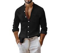 Camisa de lino de manga larga para hombre, de algodón, de lino, de corte regular, para la playa, de verano, con botones, manga larga, Negro , 3XL