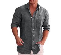 Camisa de lino de vacaciones para hombre, manga larga, con botones, color azul cielo, parte superior de lino y algodón transpirable con bolsillo, capa de centro vacacional casual para crucero, cena