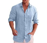 Camisa de lino de vacaciones para hombre, manga larga, con botones, color azul cielo, parte superior de lino y algodón transpirable con bolsillo, capa de centro vacacional casual para crucero, cena