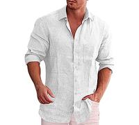 Camisa de lino de vacaciones para hombre, manga larga, con botones, color azul cielo, parte superior de lino y algodón transpirable con bolsillo, capa de centro vacacional casual para crucero, cena