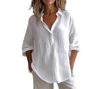 Camisa de lino de verano 2026 para mujer, opción de manga larga enrollada, cierre de botones, estilo de blusa elegante, túnica casual holgada para días cálidos, 1b-blanco, S
