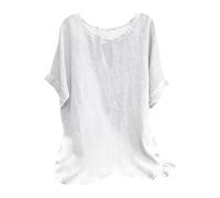 Camisa de lino de verano para mujer, diseño moderno de talla grande, cuello redondo, manga corta, bonito patrón, ajuste holgado casual, blusa cómoda, X4-blanco, S