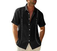 Camisa de lino Guayabera de manga corta para hombre, camisa de algodón cuba, camisa de verano, camisas casuales con cuello abotonado, camiseta informal para hombre, A: negro., M