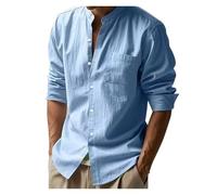 Camisa De Lino Hombre Camisa de Hombre de algodón y Lino con Bolsillos, Camisa Playera Ligera Henry de Manga Larga.(Sky Blue,XXL)