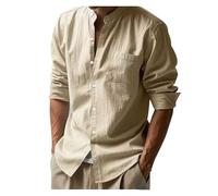 Camisa De Lino Hombre Camisa de Hombre de algodón y Lino con Bolsillos, Camisa Playera Ligera Henry de Manga Larga.(Khaki,XL)