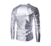 Camisa de lino Hombres Hombres Metálica Brillante Mojado Look Camiseta de Manga Larga Top Slim Fit Cuello en V Blusa Camisa Azul a Cuadros Hombres, plata, XXXXXL