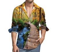 Camisa de Lino Naranja Manga Larga para Hombre Camisas Informales de Verano Camisa Suelta de Ocio Puente De Madera del Bosque con Botónes Top con Bolsillo para Traje Diario 5XL