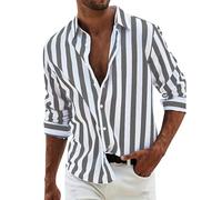 Camisa de lino para hombre, camisa de manga larga de verano, camisa de manga larga a rayas, camisa de lino de corte regular, camisa de playa con botones, gris oscuro, L