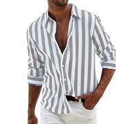 Camisa de lino para hombre, camisa de manga larga de verano, camisa de manga larga a rayas, camisa de lino de corte regular, camisa de playa con botones, gris, L