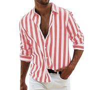Camisa de lino para hombre, camisa de manga larga de verano, camisa de manga larga a rayas, camisa de lino de corte regular, camisa de playa con botones, rojo, L