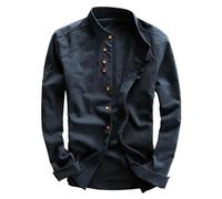 Camisa de lino para hombre, camisa de manga larga, estilo chino, ajustado, cuello alto, casual, ligera, capa de chaqueta de verano, azul, XL