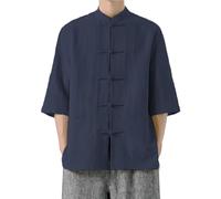 Camisa de lino para hombre, camisa tradicional china Tangzhuang, manga 3/4, camisa de lino con botones, cuello alto, camisa de verano, camiseta de manga corta, cómoda camisa informal para tai chi y